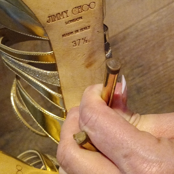 Jimmy Choo Metallic Gold Leather and Coarse Glitter Cage Open Toe Sandals 😘 - Picture 11 of 12